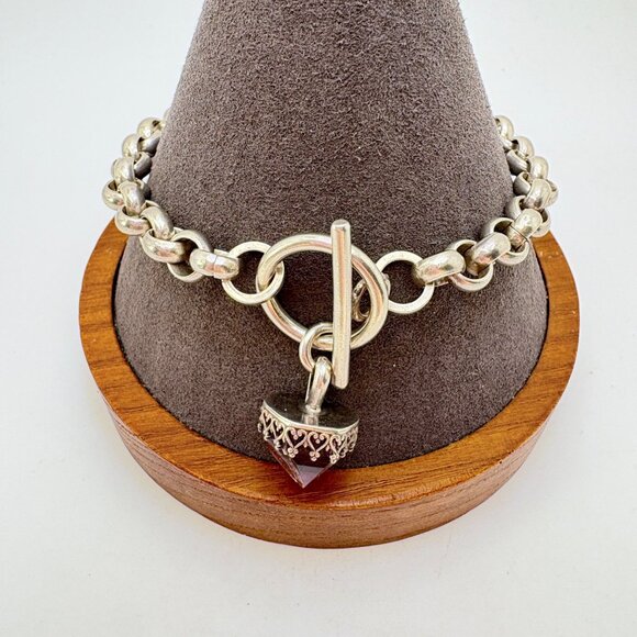 VTG Sterling Silver 925 Amethyst Round Link Bracelet Toggle Clasp Size 8" Length - Picture 1 of 12